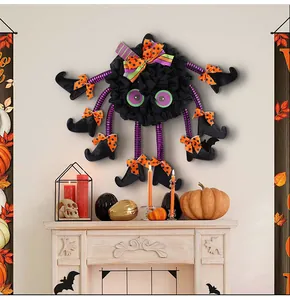 Whimsical multi-leg Halloween spider wreath with witch boots for home festive party decoration