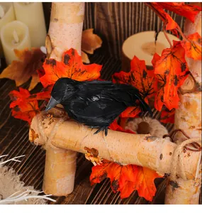 Realistic black feathered crow perched on birch logs with autumn leaves decor