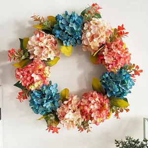 Blue Pink Hydrangea Wreath Artificial Silk Flower Garland Festival Window Door Hanging Decor Home Photography Props