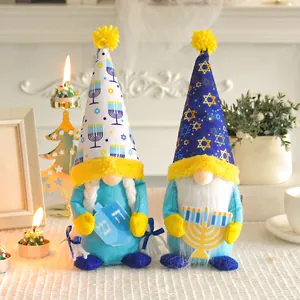 Hanukkah Gnome Ornaments Menorah And Dreidel Pattern Plush Faceless Doll Blue Yellow White Tabletop Decorations For Festival Home