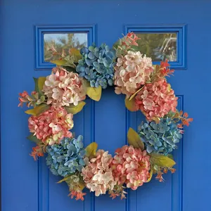 Elegant blue and pink artificial hydrangea floral wreath for front door holiday decoration