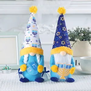 Hanukkah themed blue plush gnomes with Menorah and Star of David patterns for home decor