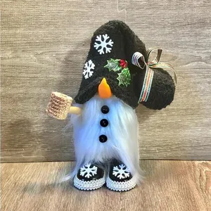 Handcrafted standing Christmas gnome plush doll with black snowflake hat and pipe