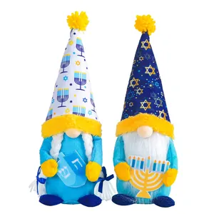 Two festive Hanukkah gnome plush dolls with Star of David and Menorah holiday designs