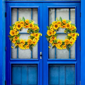 Couronne de Tournesols Artificiels pour Porte d'Entrée Décoration Murale Style Pastoral Plastique Polyester Guirlande Florale