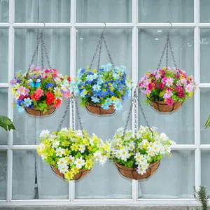 Set of 5 artificial flower hanging baskets with coconut liners for home garden decor