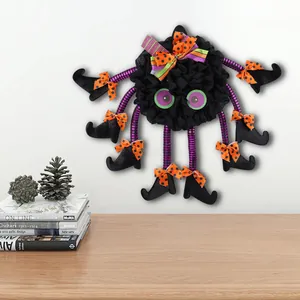 Halloween Multi-Legged Spider Door Wreath With Witch Boots Polka Dot Bows Funny Party Hanging Decoration For Home Door Wall Decor