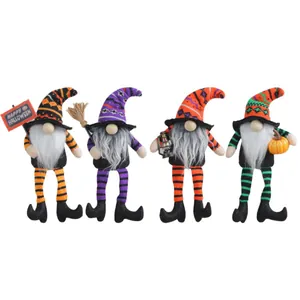 Set van 4 Halloween-kabouters met gestreepte lange benen met bezem, pompoen en bord