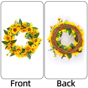 Vues avant et arrière d'une couronne de tournesols artificielle pour porte d'entrée