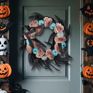 Halloween pumpkin and rose wreath front door decoration for festive holiday parties