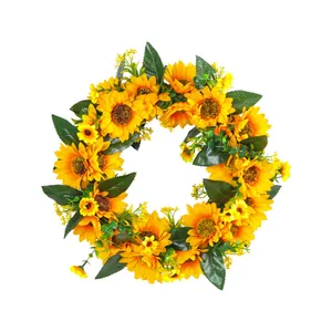 Couronne de tournesols artificiels idéale pour porte d'entrée ou décoration murale.
