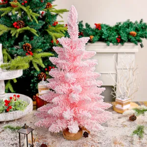 Piccolo albero di Natale rosa floccato con effetto neve per decorazione natalizia da tavolo