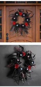 Spooky Halloween wreath with black roses and realistic eyeballs for door decoration.