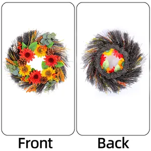 Front and back views of a sunflower and pinecone wreath for home decor.