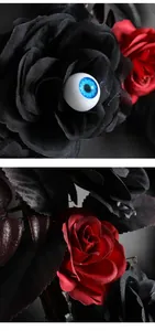 Detailed close-up of a Halloween rose wreath featuring a spooky blue eyeball centerpiece