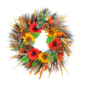 Autumn sunflower and pinecone decorative wreath for outdoor garden and home door decor