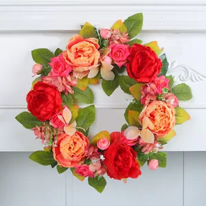 Couronne de Pivoines Artificielles Rouge Rose Satin Soie Couronne de Fleurs Décoration de Porte Murale pour Mariage Maison Fête