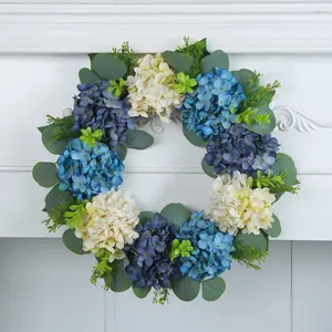 Blue and white artificial hydrangea wreath with eucalyptus for door and wall decoration