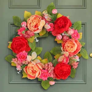 Couronne artificielle de pivoines en soie rouge et rose pour décoration de porte