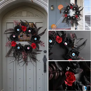 Halloween Artificial Rose Eyeball Wreath Gothic Horror Black Red Rose Garland For Front Door Bar Party Spooky Home Decor Hanging Ornament