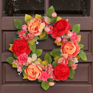 Couronne de pivoines artificielles rouges et roses pour porte et décoration murale