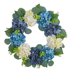 Blue and white artificial hydrangea wreath with eucalyptus leaves for front door decor