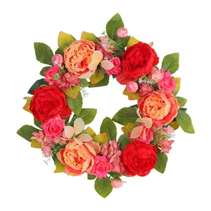 Couronne de pivoines artificielles colorées avec fleurs rouges roses et orange pour porte