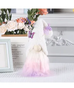 Detailed view of cute plush gnome doll with butterfly and pink purple gradient beard
