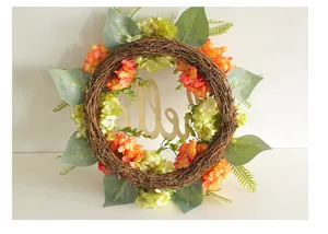Artificial hydrangea wreath with wooden hello sign for door decoration
