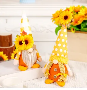 Paar herbstliche Sonnenblumen-Gnome Plüschfiguren mit spitzen Hüten und langen Zöpfen