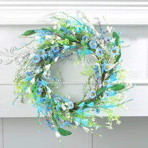 Elegant artificial blue daisy floral wreath for wall hanging and festive garden decor