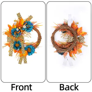 Couronne d'automne avec tournesols bleus et rubans imprimé léopard déco