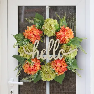 Artificial hydrangea floral wreath with decorative wooden hello sign for front door hanging