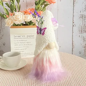 Cute plush gnome doll with butterfly and pink purple gradient beard for desk decoration
