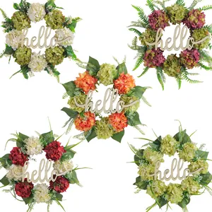 Set of five artificial hydrangea wreaths with wooden hello signs for front door decor
