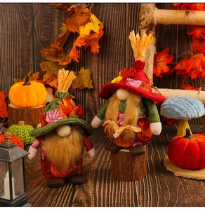 Nahaufnahme von zwei herbstlichen Zwergen, dekoriert mit Herbstlaub und Stroh.