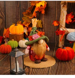 Detailansicht eines niedlichen herbstlichen Zwergs mit Ahornblatt-Hut und weichem Bart.