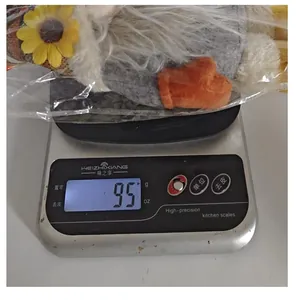 Detalle que muestra el peso de 95 gramos de un gnomo de peluche de girasol de otoño