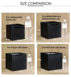 Size comparison of black square kraft paper gift bags with handles in four sizes