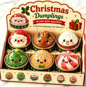 Detail showing 6 festive Christmas-themed squishy toys in a gift display box.