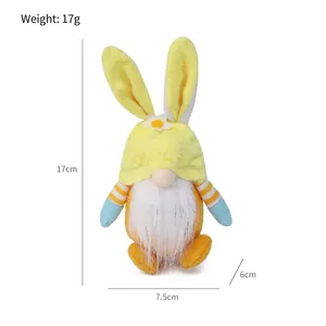 Gnomo di Pasqua in peluche fatto a mano con orecchie di coniglio gialle e misure