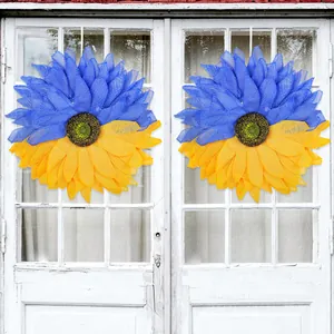 Couronne de Tournesol Décoration de Porte d'Entrée Bleu Jaune Maille Toile de Jute Drapeau de l'Ukraine Couleur Guirlande de Fleurs Pour Maison Extérieur Ornement Suspendu