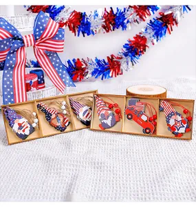 Independence Day wooden gnome and truck ornaments with patriotic American flag patterns