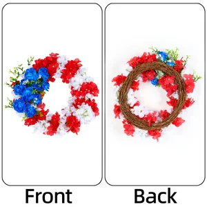 Patriotic Independence Day floral wreath with red white blue flowers, front and back view.
