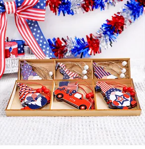 Wooden Independence Day gnome ornaments set in display box with festive patriotic decor