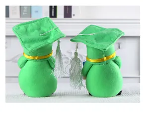 Vista posteriore di due gnomi di laurea verdi con cappelli accademici e nappe bianche