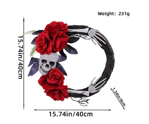 Couronne d'Halloween avec crâne et roses rouges, 40 cm de diamètre et poids affiché