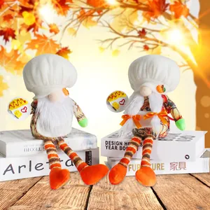 Nordischer Chef Wichtel Puppe Mit Langen Beinen Sitzend Weißer Hut Ornament Herbst Ernte Kürbis Ahornblatt Weihnachtsdekor