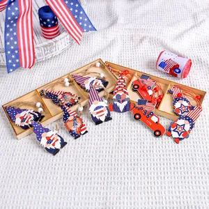 Patriotic Independence Day wooden gnome ornaments set with 3-compartment wooden storage box
