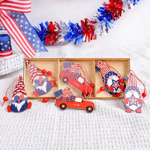 Independence Day patriotic wooden gnome and truck hanging ornaments in wooden box